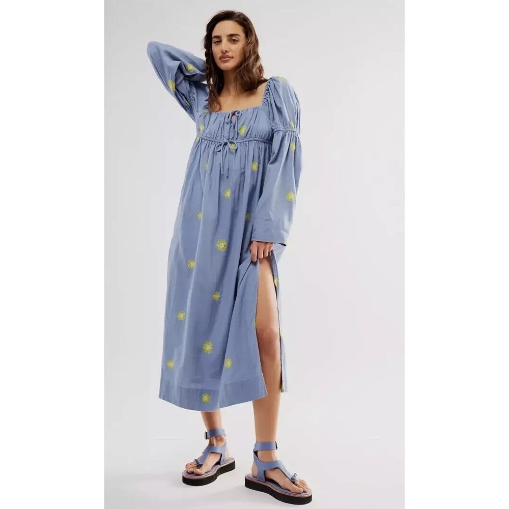 NWOT Free People Sun Embroidery Midi Dress Cottagecore L Blue Summer Linen Boho - Picture 1 of 16